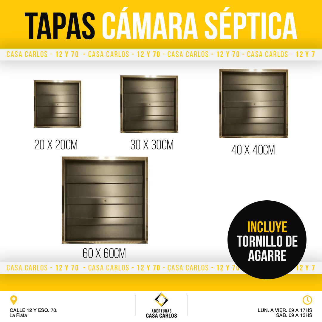 Tapas metálicas reforzadas en 4 medidas, cada una con tornillo de agarre central. Disponibles en Casa Carlos, La Plata.