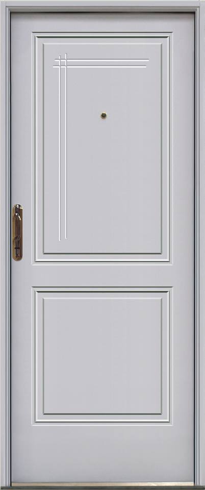 Puerta metálica con bastones horizontales y reja de acero

