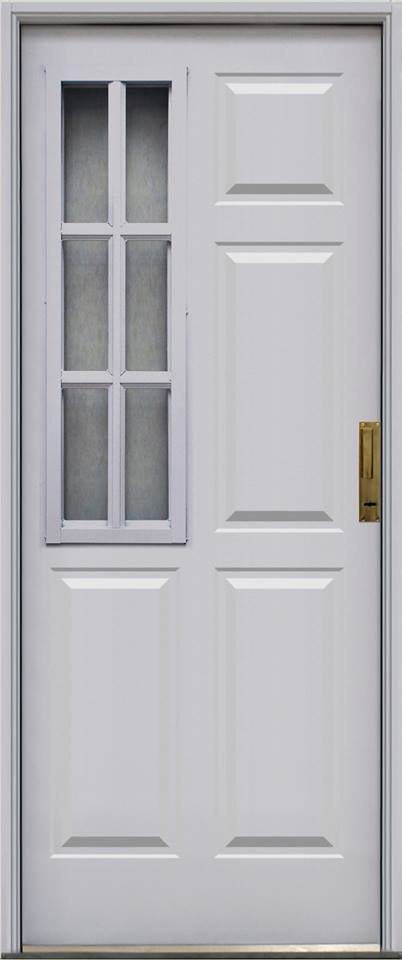 Puerta metálica con reja lateral y tableros estampados


