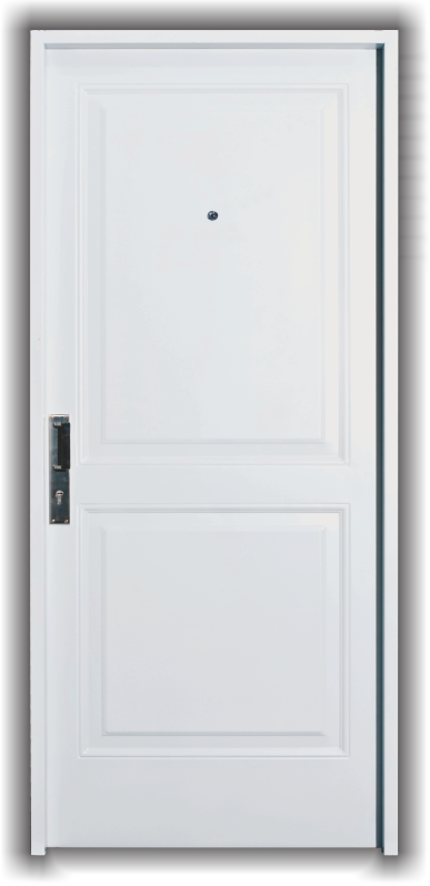Puerta metálica ciega con dos tableros, manijón y mirador

