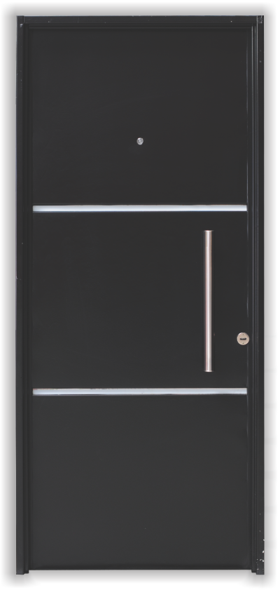 Puerta metálica con barral frontal, dos apliques y mirador

